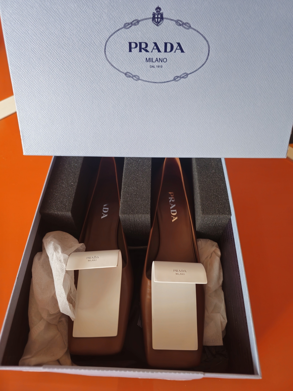 Prada Women’s Tan Leather Square-Toe Flats with Ivory Accents - Picture 4 of 4